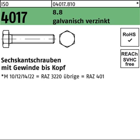 ISO 4017 Sechskantschraube VG M8x190 Stahl 8.8 galvanisch verzinkt 100 Stk