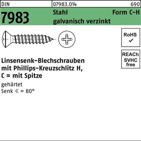 Linsensenkblechschraube DIN 7983 PH C 6,3x45-H Stahl gehärtet galv.verz. 250St. (1/2)