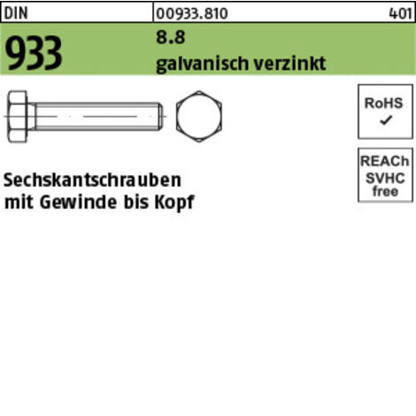 DIN 933/ISO 4017 Sechskantschraube VG M24x30 Stahl 8.8 galvanisch verzinkt 25 Stk