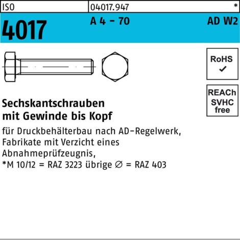 ISO 4017 Sechskantschraube A 4-70 M 16 x 55 AD-W2 A 4-70 S 25 Stk