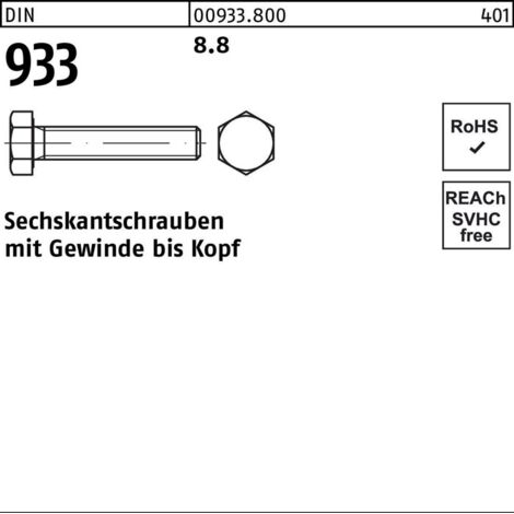 DIN 933/ISO 4017 Sechskantschraube VG M18x120 Stahl 8.8 blank 25 Stk