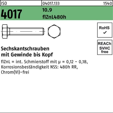 Sechskantschraube ISO 4017 VG M10x 100 10.9 zinklamellenb. 100 Stück