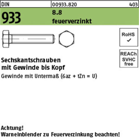 Sechskantschraube DIN 933 VG M8x 25 8.8 feuerverz. 200 Stück