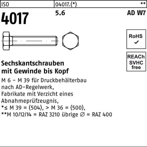 Sechskantschraube ISO 4017 VG M20x 140 5.6 AD W7 25 Stück