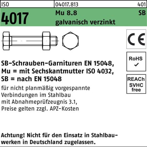 ISO 4017 SB-Schrauben-Garnituren 8.8 CE Mu M 10 x 20 galvanisch verzinkt, SB nach EN 15048 gal Zn S 100 Stk