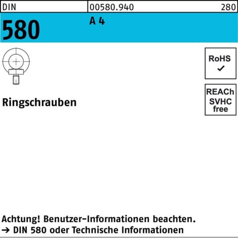 Ringschraube DIN 580 M 16 A 4 Ohne Oberflächenangabe 5 Stück