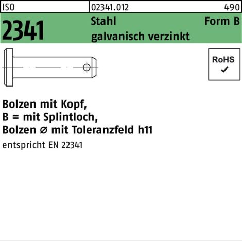 ISO 2341 Bolzen mit Kopf Stahl B 12 h11 x 35 x 29,5 galvanisch verzinkt gal Zn S 10 Stk