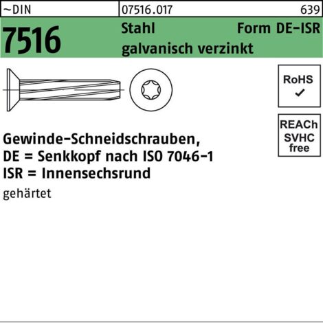 DIN 7516 Form DE Senkkopf-Gewindeschneidschraube VG M6x35 Stahl galvanisch verzinkt T30 500 Stk
