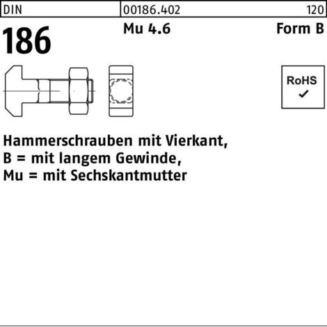 Hammerschraube DIN 186 FormB Vierkant 6-ktmutter BM 6x 60 Mu 4.6 25 Stück (1/2)