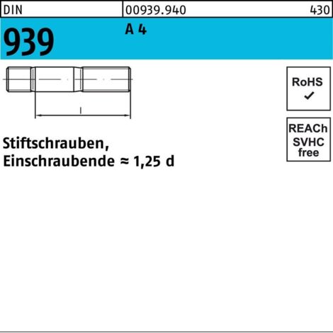 Stiftschraube DIN 939 M 20 x 85 A 4 Einschraubende=1,25d 10 Stück
