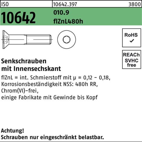 Senkschraube ISO 10642 Innensechskant M 10 x 25010.9 flZnL 480h zinklamellenbesch. 200 Stück