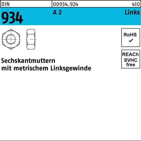 Sechskantmutter DIN 934 links M10 -LH A 2 (- 70) 50 Stück