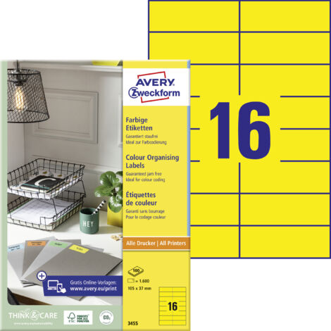 Avery Zweckform 3455 Farbige Etiketten, A4, 105 x 37 mm, 100 Bogen/1.600 Etiketten, gelb (1/5)