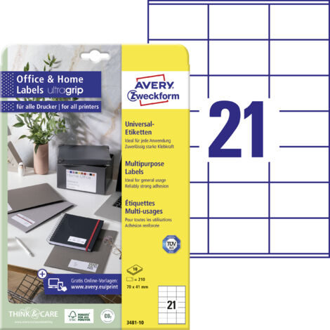 Avery Zweckform 3481-10 Etiketten, Home Office, Kleinpackung, A4 mit ultragrip, Adressaufkleber, 70 x 41 mm, 10 Bogen/210 Etiketten, weiß (1/5)