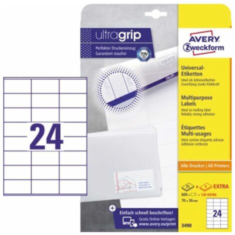 Universaletikett ultragrip 70 x 36 mm (B x H) nicht wieder ablösbar Papier weiß 720 Etik./Pack. (1/5)