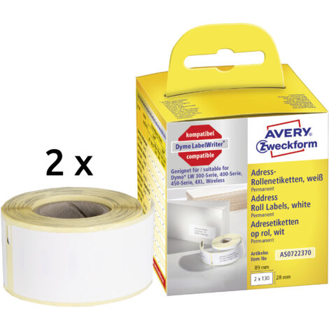 Avery Zweckform AS0722370 Rollen-Etiketten, Adressaufkleber, 28 x 89 mm, 2 Rolle/260 Etiketten, weiß (1/5)