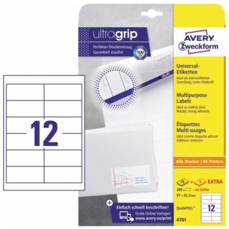 AVERY ZWECKFORM Universaletikett Avery Zweckform ultragrip 97 x 42,3 mm (B x H) Papier weiß 360 Etik./Pack. (1/5)