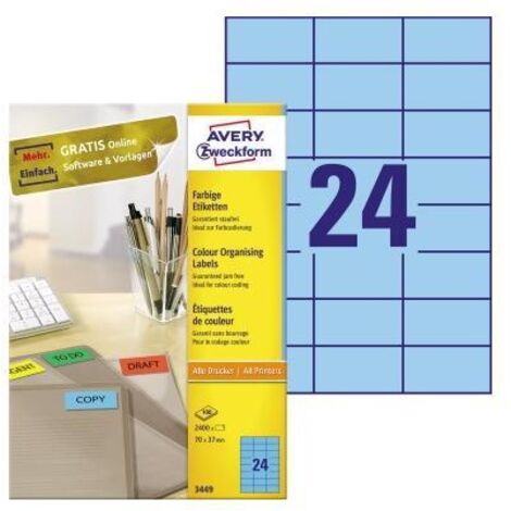 Avery Zweckform 3449 Farbige Etiketten, A4, 70 x 37 mm, 100 Bogen/2.400 Etiketten, blau (1/5)
