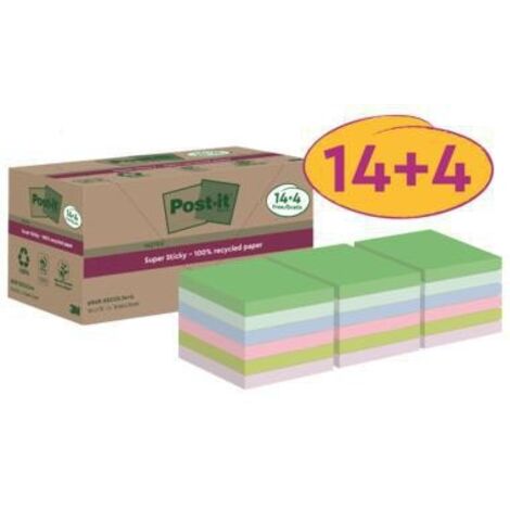 POST-IT Haftnotiz Post-it® Super Sticky Recycling Notes 76 x 76 mm (B x H) mehrfarbig 70Bl./Block 18 Block/Pack. (1/4)