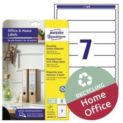 Avery Zweckform LR4760-10 Recycling Ordner-Etiketten, Home Office, Kleinpackung, A4, 38 x 192 mm, 10 Bogen/70 Etiketten, naturweiß (1/5)