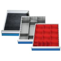 Einteilungssortiment (3-teilig) für Schubladen R 18-24, Riffelgummieinlage, Kleinteilekästchen, Metalleinteilung Maße in mm (BxT): 450 x 600