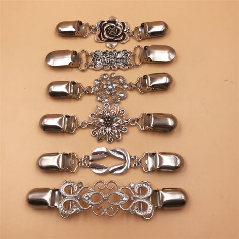 6 Vintage Pullover Clips - Retro Silber Mit Blumenmuster