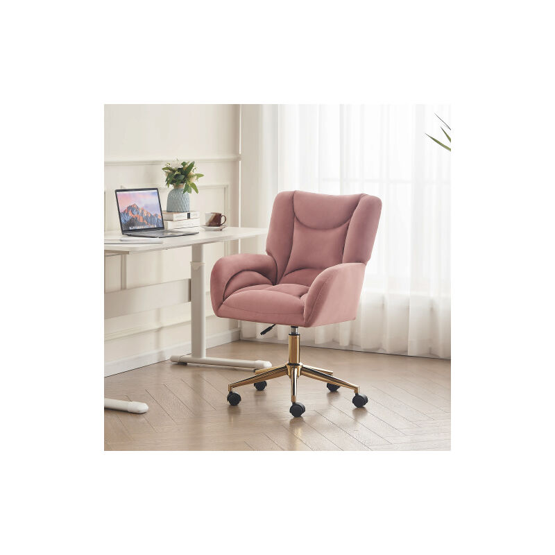 Chaise De Bureau Pivotante En Velours - Hauteur Réglable, Pieds Dorés - Charge 135 Kg - Rose - Pour Bureau, Coiffeuse - 8