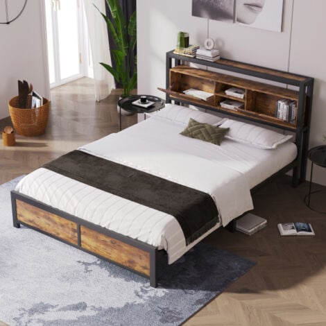 Lit adulte Lit adolescent Lit métal 140x200 cm avec tête de lit rangement et sommier à lattes, noir et naturel