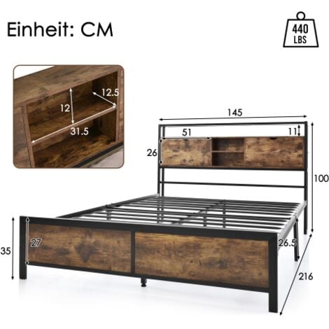 Lit adulte Lit adolescent Lit métal 140x200 cm avec tête de lit rangement et sommier à lattes, noir et naturel