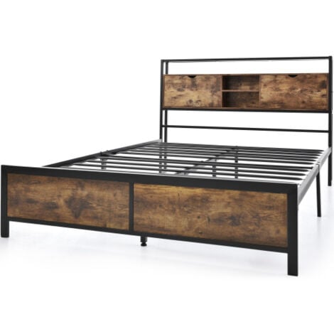 Lit adulte Lit adolescent Lit métal 140x200 cm avec tête de lit rangement et sommier à lattes, noir et naturel