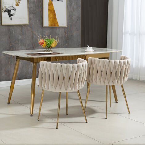 Lot De 2 Chaises De Salle à Manger Rembourrées Velours Blanc - Pieds Dorés, Accoudoirs, Dossier Ergonomique - 9
