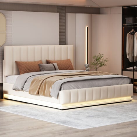 Lit coffre 160x200 cm, lit adulte LED, lit capitonné avec sommier à lattes et tête de lit capitonnée, en similicuir, blanc, sans matelas