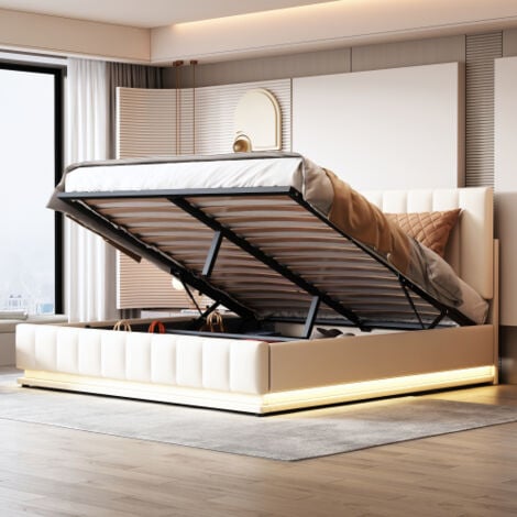 Lit coffre 160x200 cm, lit adulte LED, lit capitonné avec sommier à lattes et tête de lit capitonnée, en similicuir, blanc, sans matelas
