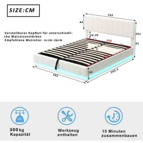 Lit coffre 160x200 cm, lit adulte LED, lit capitonné avec sommier à lattes et tête de lit capitonnée, en similicuir, blanc, sans matelas
