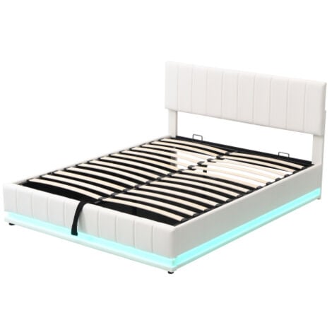 Lit coffre 160x200 cm, lit adulte LED, lit capitonné avec sommier à lattes et tête de lit capitonnée, en similicuir, blanc, sans matelas
