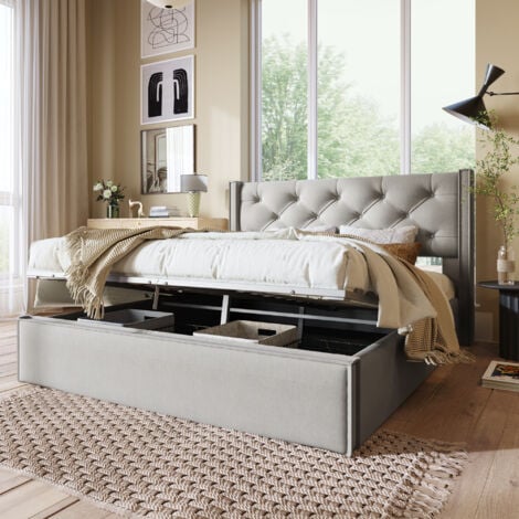 Lit coffre 140x200 cm Lit coffre capitonné avec tête de lit capitonné et sommier à lattes en métal, en coton, gris clair, sans matelas
