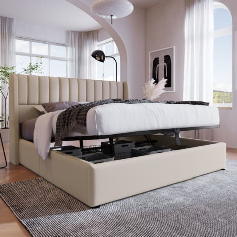 Lit coffre Lit adulte capitonné double 180 x 200 cm avec sommier à lattes, lin, beige, sans matelas, sans fond