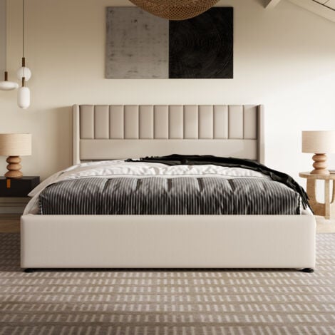 Lit coffre Lit adulte capitonné double 180 x 200 cm avec sommier à lattes, lin, beige, sans matelas, sans fond