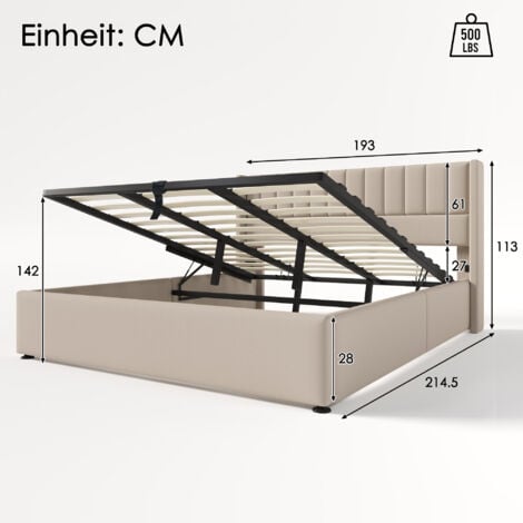 Lit coffre Lit adulte capitonné double 180 x 200 cm avec sommier à lattes, lin, beige, sans matelas, sans fond