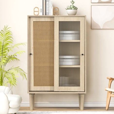 Buffet haut, buffet de cuisine avec portes en rotin plastique et portes coulissantes en verre, 6 compartiments, chêne