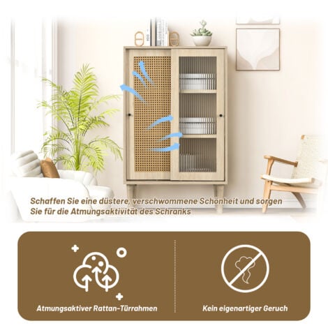 Buffet haut, buffet de cuisine avec portes en rotin plastique et portes coulissantes en verre, 6 compartiments, chêne