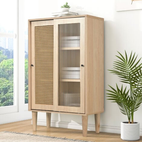 Buffet haut, buffet de cuisine avec portes en rotin plastique et portes coulissantes en verre, 6 compartiments, chêne