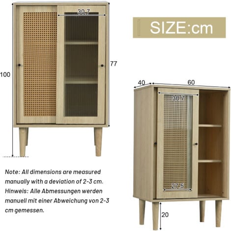 Buffet haut, buffet de cuisine avec portes en rotin plastique et portes coulissantes en verre, 6 compartiments, chêne