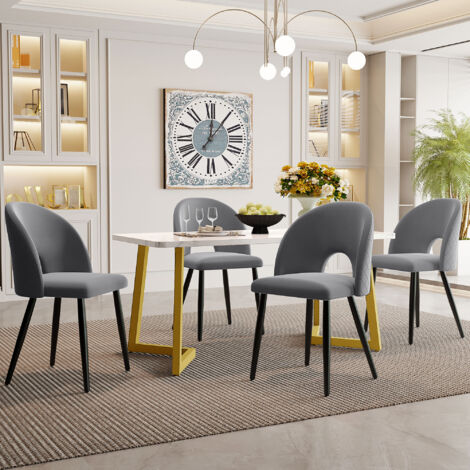 Wishdor – Ensemble table et chaises salle à manger 117 x 68 x 75 cm – 4 chaises en velours gris – Pieds noirs et dorés – Design élégant avec couture en diamant