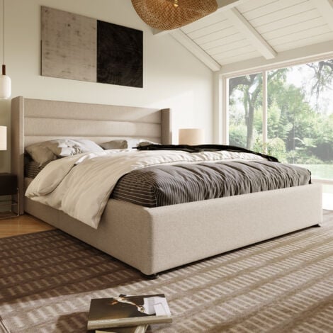 Lit coffre 160x200 cm, lit adulte, lit capitonné beige avec sommier à lattes, lin, sans matelas, sans fond