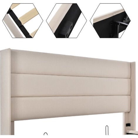 Lit coffre 160x200 cm, lit adulte, lit capitonné beige avec sommier à lattes, lin, sans matelas, sans fond