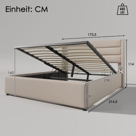 Lit coffre 160x200 cm, lit adulte, lit capitonné beige avec sommier à lattes, lin, sans matelas, sans fond