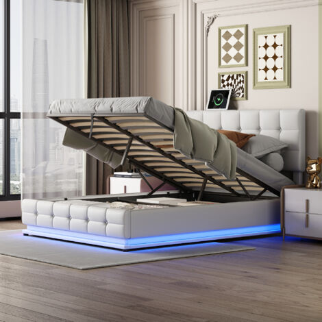 Lit coffre Lit adulte 140 x 200 cm avec LED. en similicuir. blanc