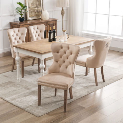 Lot de 4 chaises de salle à manger. Chaise de cuisine. en Velours. 53.5 x 64 x 95 cm. Beige (1/5)