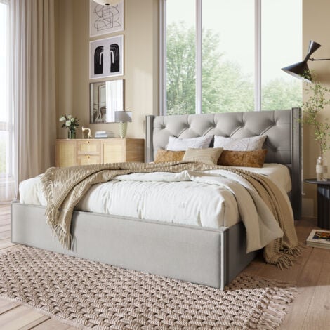 Lit coffre 160x200 cm, lit enfant, lit adulte, lit capitonné avec sommier à lattes en métal, en coton, gris clair, sans matelas
